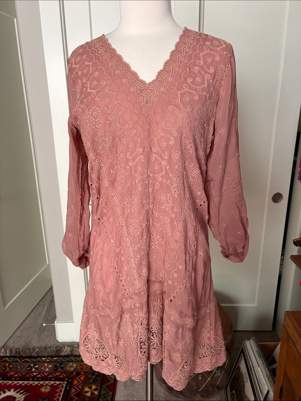 Johnny Was Rose Pink Embroidered Long Sleeve Dress